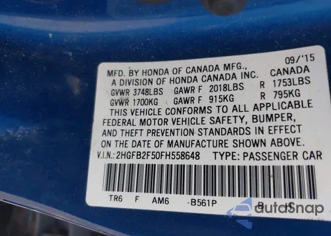 2015 Honda Civic Lx from USA, damaged, VIN 2HGFB2F50FH558648